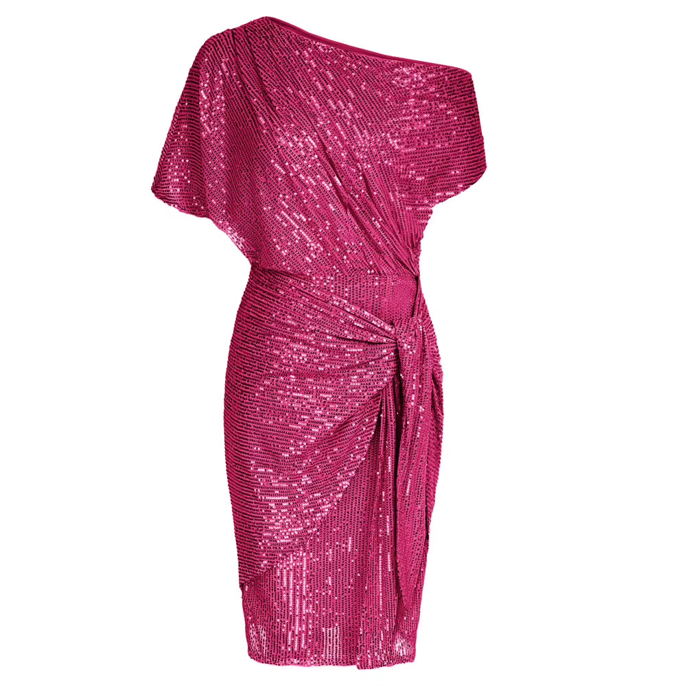 Cocktail Dresses for Women Sequined Party Dress Summer Ruched Short Sleeve Asymmetric off Shoulder Bodycon Dress Vestidos