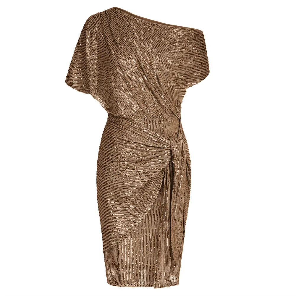 Cocktail Dresses for Women Sequined Party Dress Summer Ruched Short Sleeve Asymmetric off Shoulder Bodycon Dress Vestidos